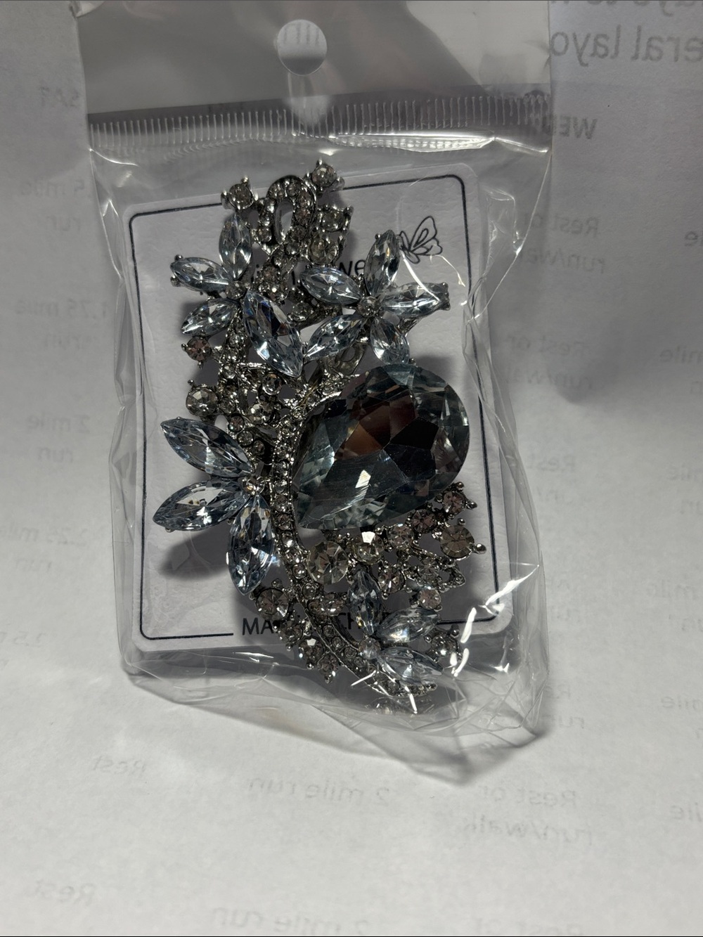 Clear Crystal Teardrop Floral Brooch - Silver Tone
